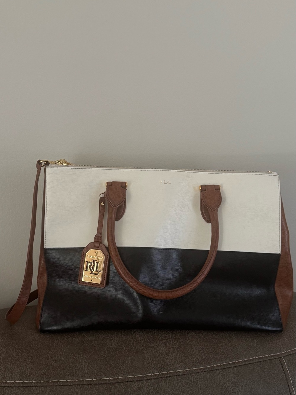 Ralph Lauren Tricolor Colorblock Leather Satchel in Cream, Black, Tan